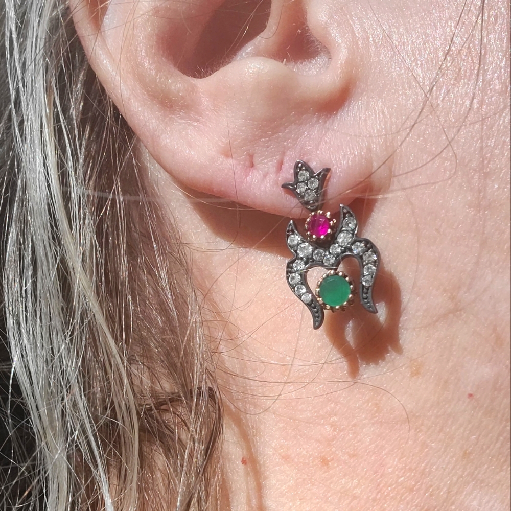 Dramatic Rhodium covered Sterling Topaz Rubies & Emerald Turkish style earrings
